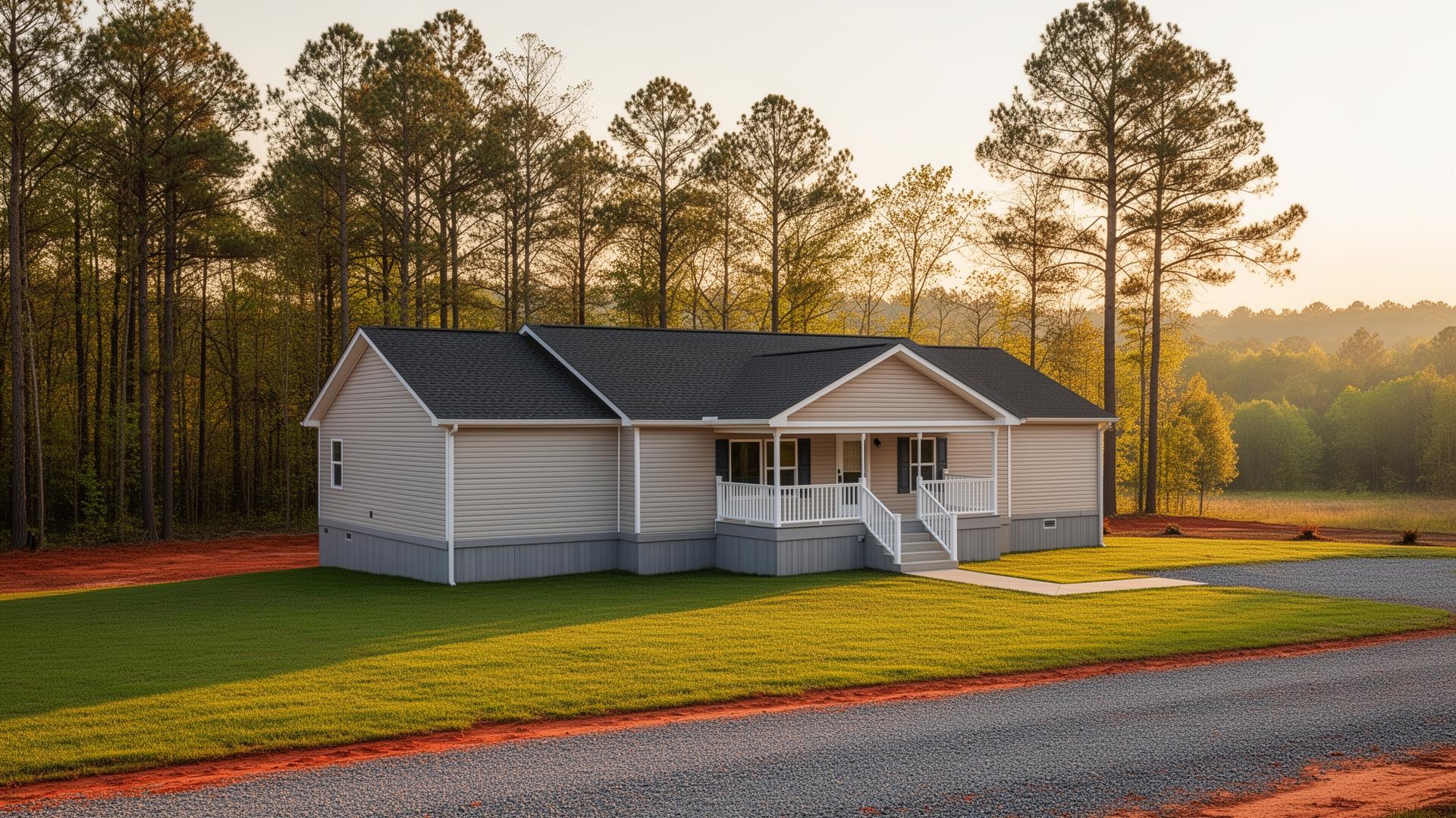 Modern manufactured home on a landscaped lot at golden hour