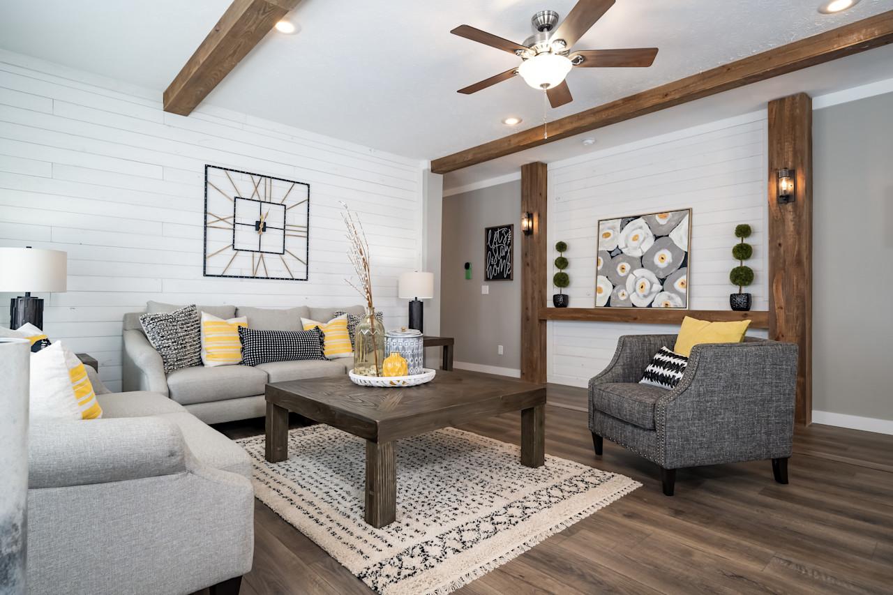 Bright, modern manufactured home interior with vaulted ceilings