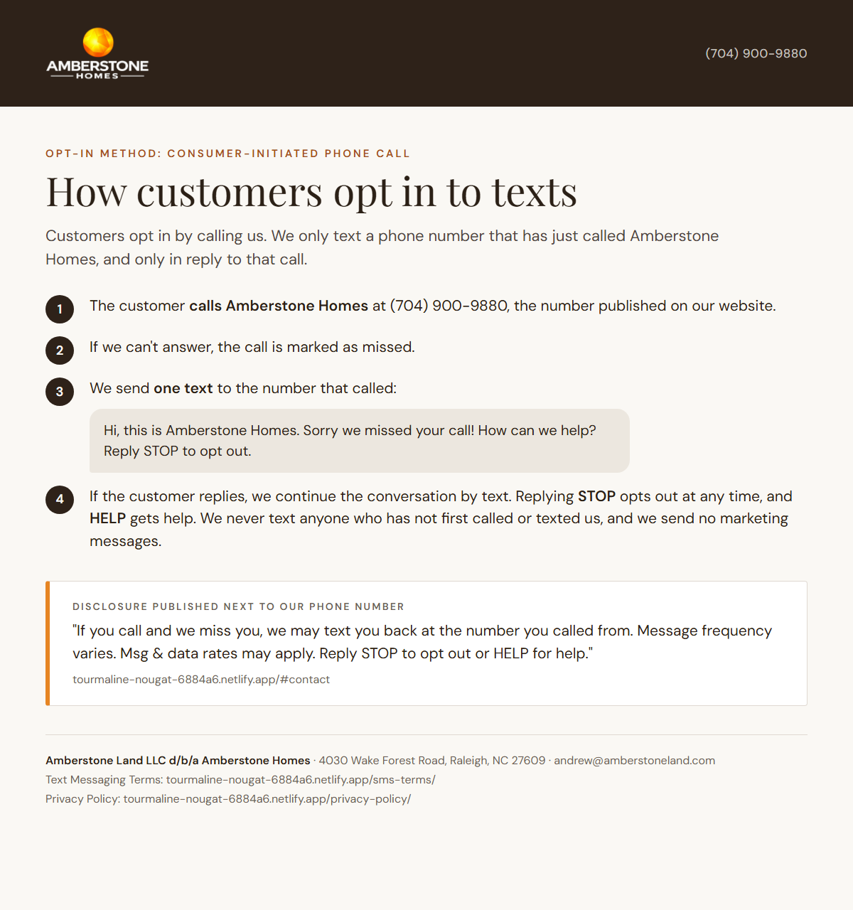 Diagram of the opt-in flow: a customer calls Amberstone Homes, the call is missed, one text is sent to that number with STOP instructions, and the conversation continues only if the customer replies.